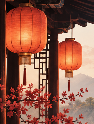 A glowing red paper lantern beneath dark wooden eaves.