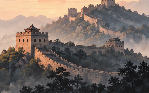 Illustrative scene of the Great Wall of China across hills at dusk.